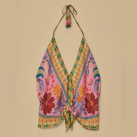 FARM Rio Pink Multicolor Halter Scarf Tie-Front Blouse NWT - Picture 2 of 5